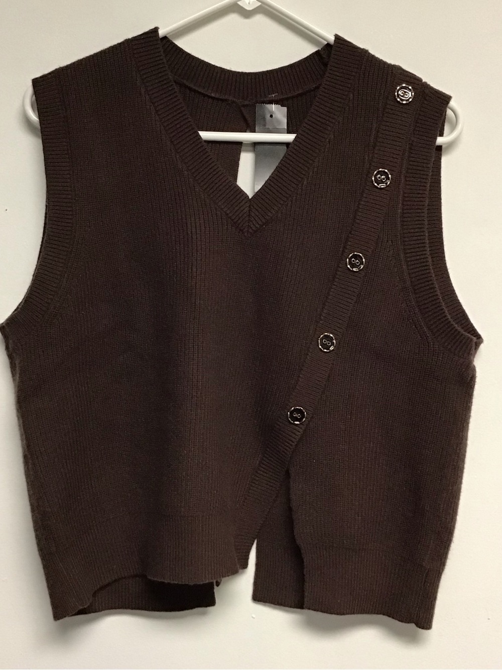 3 Kuose Asymmetric Button V-Neck Knit Vest in Dark Brown